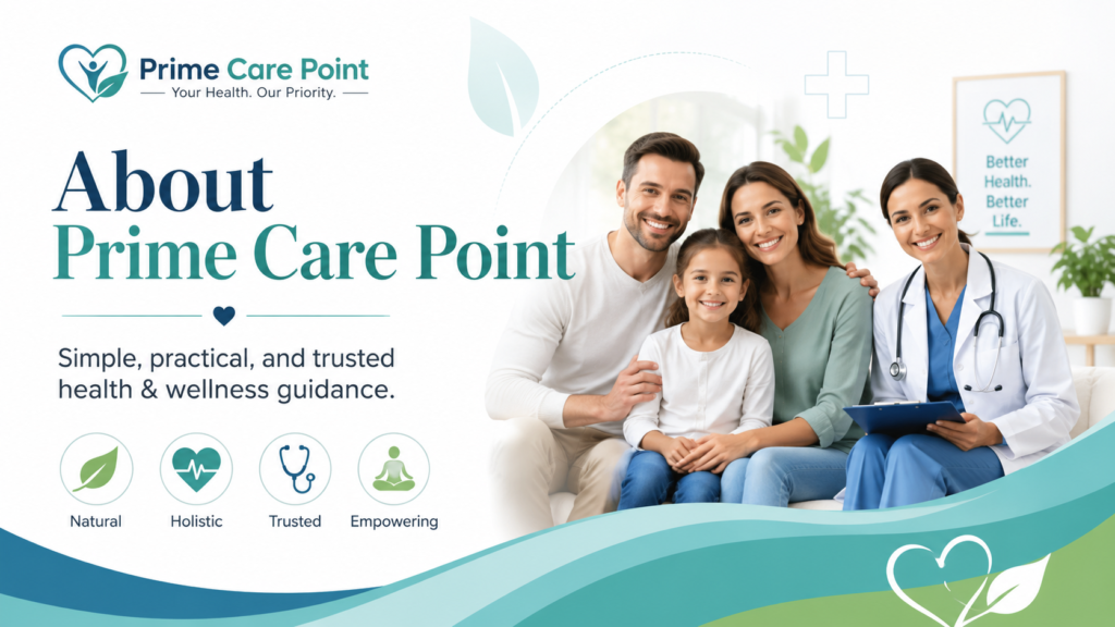 Prime Care Point about us banner with a happy family and healthcare professional