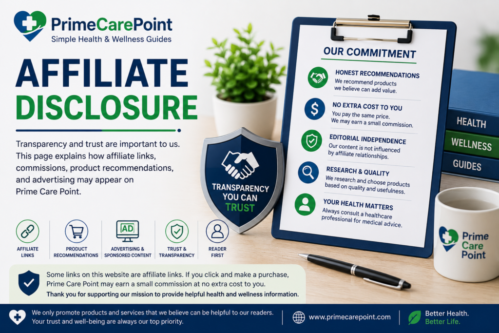 Affiliate Disclosure banner for Prime Care Point showing transparency, affiliate links, product recommendations, and reader trust