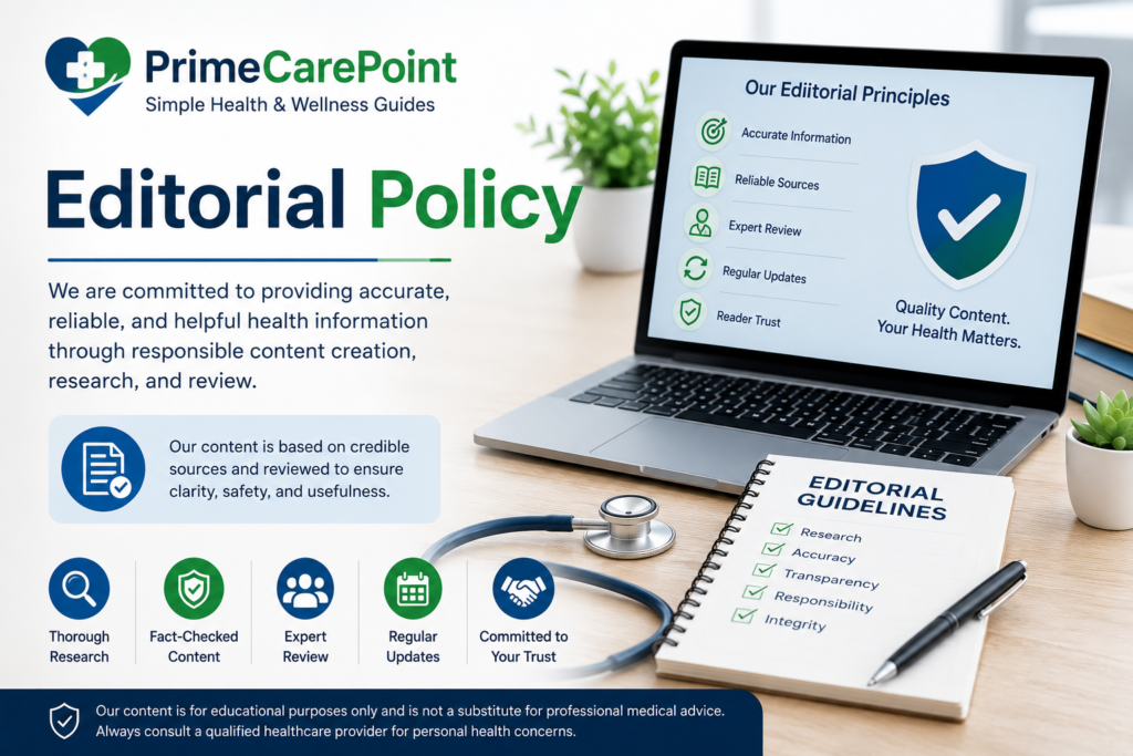 Editorial Policy banner for Prime Care Point showing research, fact-checking, and trusted health content guidelines