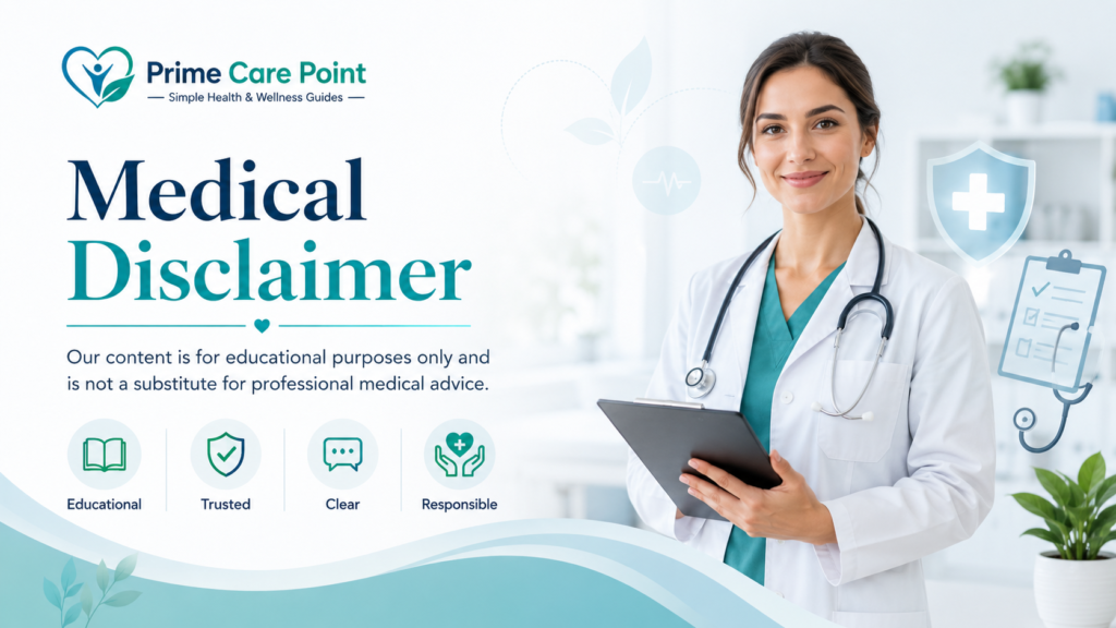 Medical Disclaimer banner for Prime Care Point showing a healthcare professional and educational health information