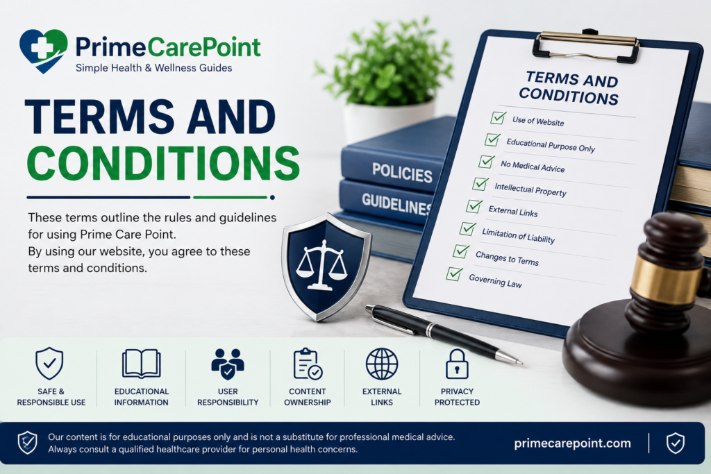 Terms and Conditions banner for Prime Care Point showing website rules, legal guidelines, and responsible health information