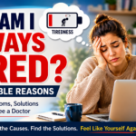 Woman feeling exhausted at her desk showing why am I always tired with 15 possible reasons for ongoing fatigue