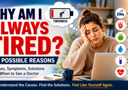 Woman feeling exhausted at her desk showing why am I always tired with 15 possible reasons for ongoing fatigue