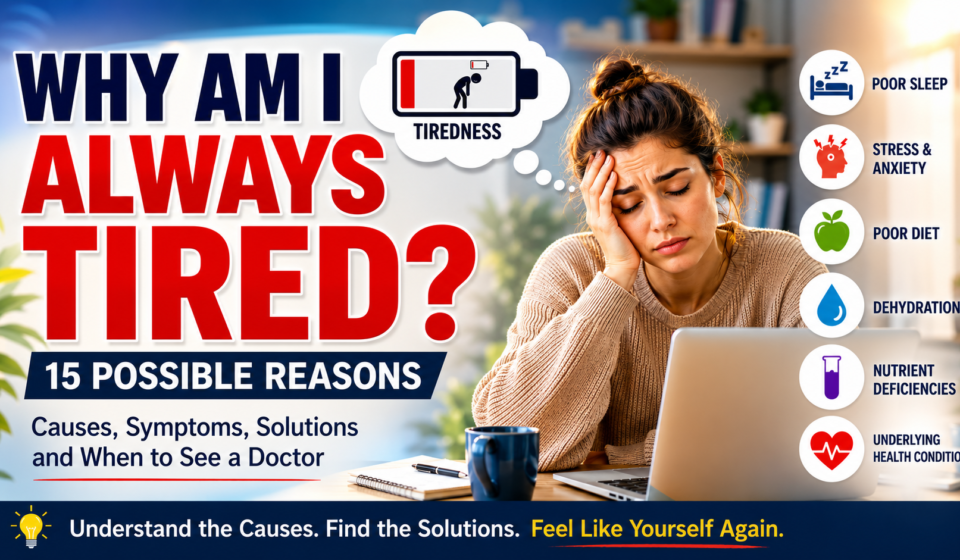 Woman feeling exhausted at her desk showing why am I always tired with 15 possible reasons for ongoing fatigue