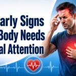 Illustration showing 10 early signs your body needs medical attention, including chest pain, headache, breathing trouble, fever, and unusual bleeding