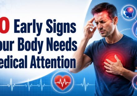Illustration showing 10 early signs your body needs medical attention, including chest pain, headache, breathing trouble, fever, and unusual bleeding