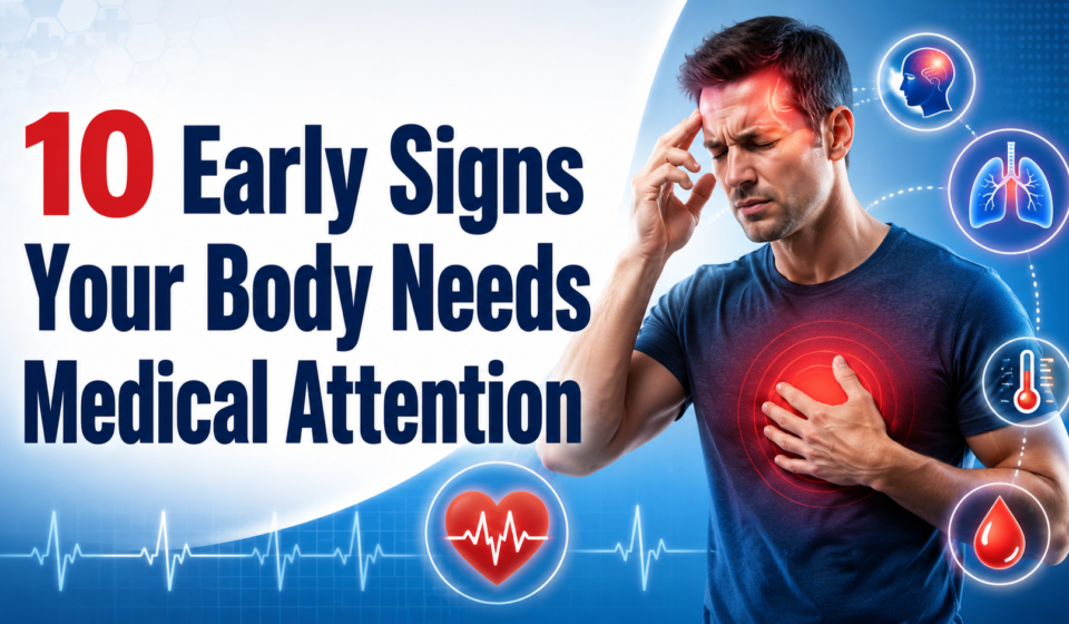 Illustration showing 10 early signs your body needs medical attention, including chest pain, headache, breathing trouble, fever, and unusual bleeding