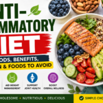 Anti-Inflammatory Diet infographic featuring salmon, avocado, berries, leafy greens, quinoa, nuts, olive oil, and healthy foods with the title "Anti-Inflammatory Diet: Best Foods, Benefits, Meal Plan & Foods to Avoid.
