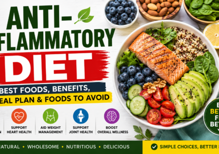 Anti-Inflammatory Diet infographic featuring salmon, avocado, berries, leafy greens, quinoa, nuts, olive oil, and healthy foods with the title "Anti-Inflammatory Diet: Best Foods, Benefits, Meal Plan & Foods to Avoid.