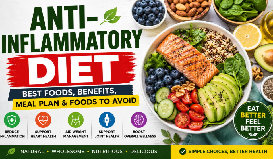 Anti-Inflammatory Diet infographic featuring salmon, avocado, berries, leafy greens, quinoa, nuts, olive oil, and healthy foods with the title "Anti-Inflammatory Diet: Best Foods, Benefits, Meal Plan & Foods to Avoid.