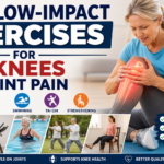 Woman with knee pain alongside low-impact exercises including walking, cycling, swimming, tai chi, and chair workouts.