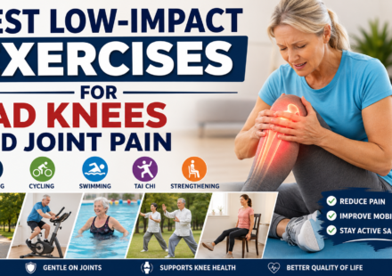 Woman with knee pain alongside low-impact exercises including walking, cycling, swimming, tai chi, and chair workouts.