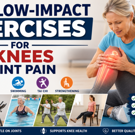 Woman with knee pain alongside low-impact exercises including walking, cycling, swimming, tai chi, and chair workouts.