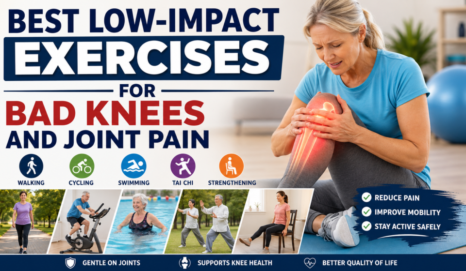Woman with knee pain alongside low-impact exercises including walking, cycling, swimming, tai chi, and chair workouts.