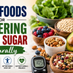 Healthy foods for lowering blood sugar naturally, including leafy greens, oats, berries, nuts, salmon, avocado, beans, and a glucose meter.