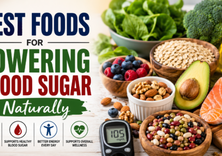 Healthy foods for lowering blood sugar naturally, including leafy greens, oats, berries, nuts, salmon, avocado, beans, and a glucose meter.