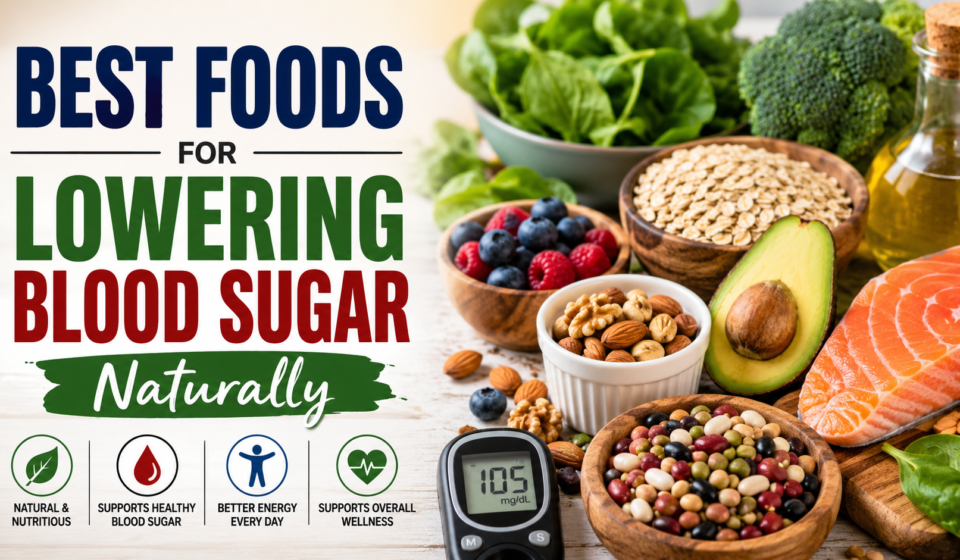 Healthy foods for lowering blood sugar naturally, including leafy greens, oats, berries, nuts, salmon, avocado, beans, and a glucose meter.