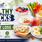 Healthy snacks for weight loss including berries, yogurt, vegetables, hummus, eggs, nuts, popcorn, apple, and peanut butter.