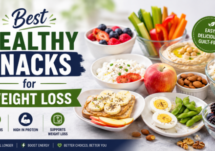 Healthy snacks for weight loss including berries, yogurt, vegetables, hummus, eggs, nuts, popcorn, apple, and peanut butter.