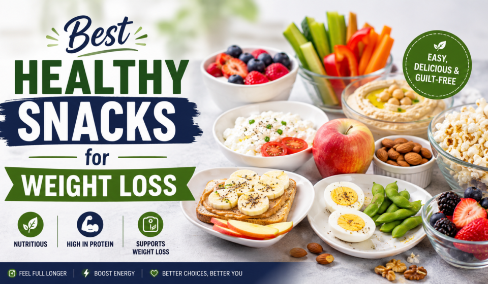 Healthy snacks for weight loss including berries, yogurt, vegetables, hummus, eggs, nuts, popcorn, apple, and peanut butter.