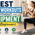 Beginner performing bodyweight exercises at home with the title "Best Home Workouts Without Equipment for Beginners" in a modern living room.