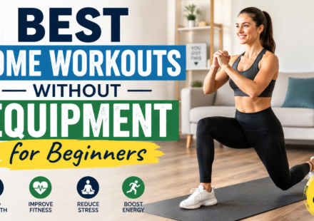 Beginner performing bodyweight exercises at home with the title "Best Home Workouts Without Equipment for Beginners" in a modern living room.