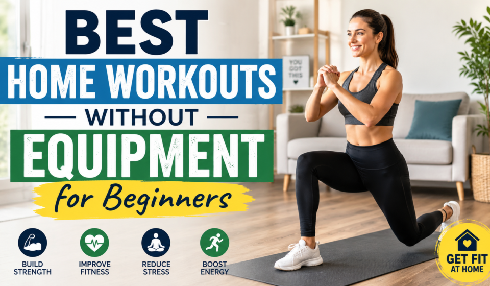 Beginner performing bodyweight exercises at home with the title "Best Home Workouts Without Equipment for Beginners" in a modern living room.