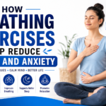 Woman practicing deep breathing exercises for stress and anxiety relief in a calm blue and white wellness setting.