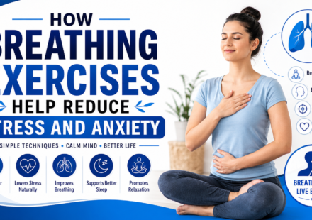 Woman practicing deep breathing exercises for stress and anxiety relief in a calm blue and white wellness setting.