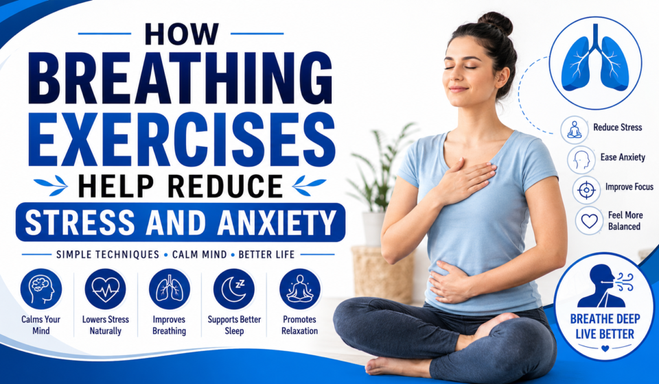 Woman practicing deep breathing exercises for stress and anxiety relief in a calm blue and white wellness setting.