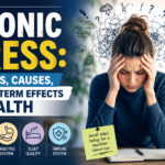 Woman experiencing stress with mental health illustrations showing the symptoms, causes, and long-term health effects of chronic stress.