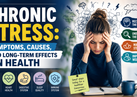 Woman experiencing stress with mental health illustrations showing the symptoms, causes, and long-term health effects of chronic stress.