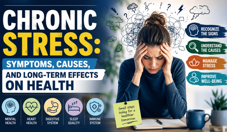 Woman experiencing stress with mental health illustrations showing the symptoms, causes, and long-term health effects of chronic stress.