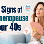 Woman in her 40s experiencing early perimenopause signs, including hot flashes, sleep changes, mood shifts, and brain fog.