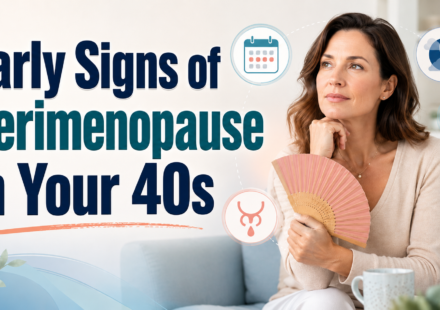 Woman in her 40s experiencing early perimenopause signs, including hot flashes, sleep changes, mood shifts, and brain fog.