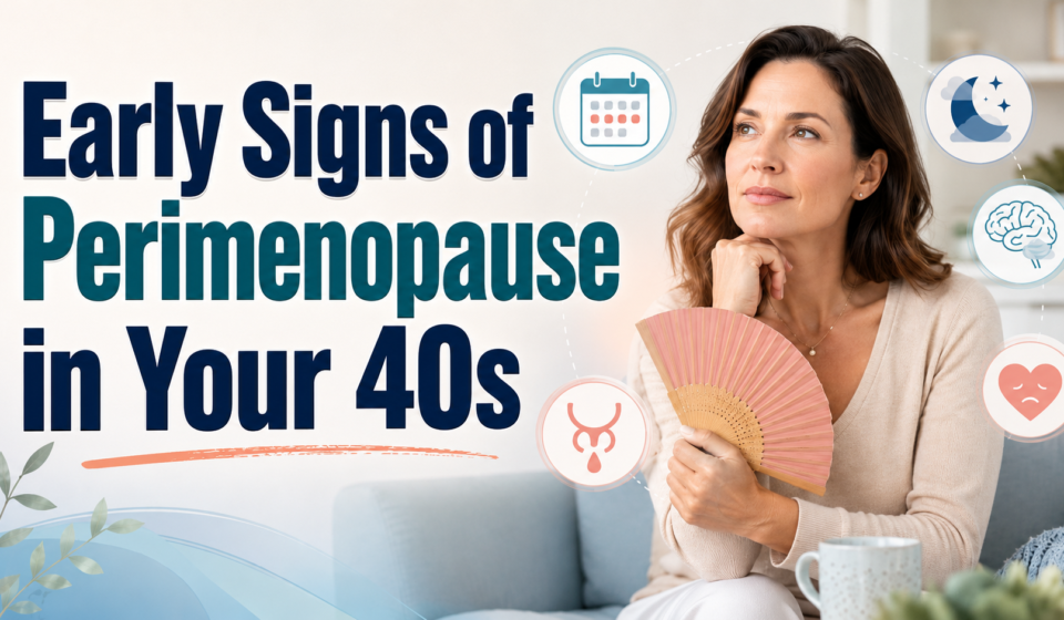 Woman in her 40s experiencing early perimenopause signs, including hot flashes, sleep changes, mood shifts, and brain fog.