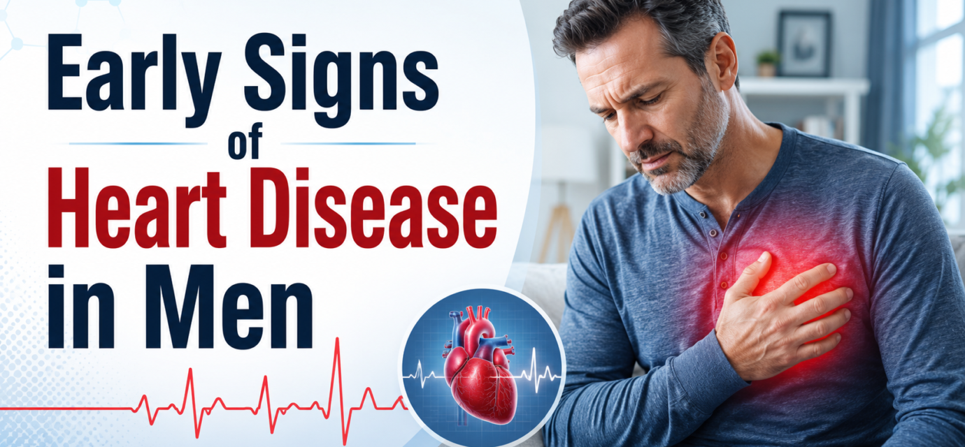Middle-aged man experiencing chest discomfort with a heart illustration, highlighting early signs of heart disease in men.
