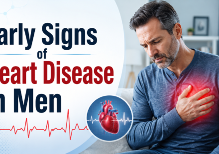 Middle-aged man experiencing chest discomfort with a heart illustration, highlighting early signs of heart disease in men.