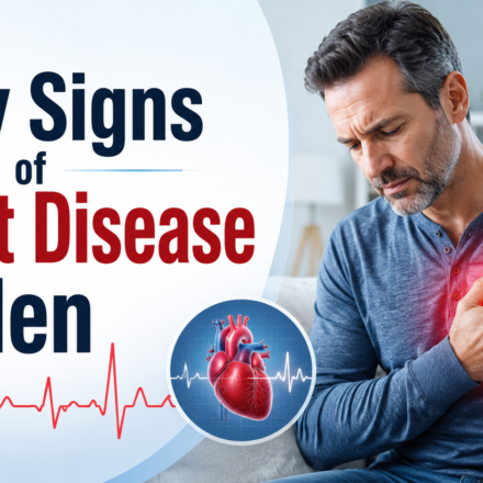 Middle-aged man experiencing chest discomfort with a heart illustration, highlighting early signs of heart disease in men.