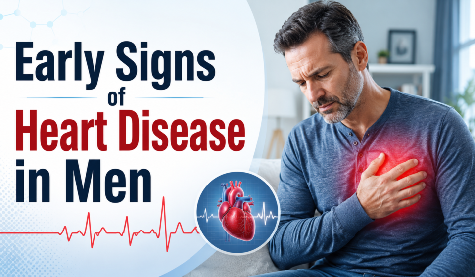 Middle-aged man experiencing chest discomfort with a heart illustration, highlighting early signs of heart disease in men.