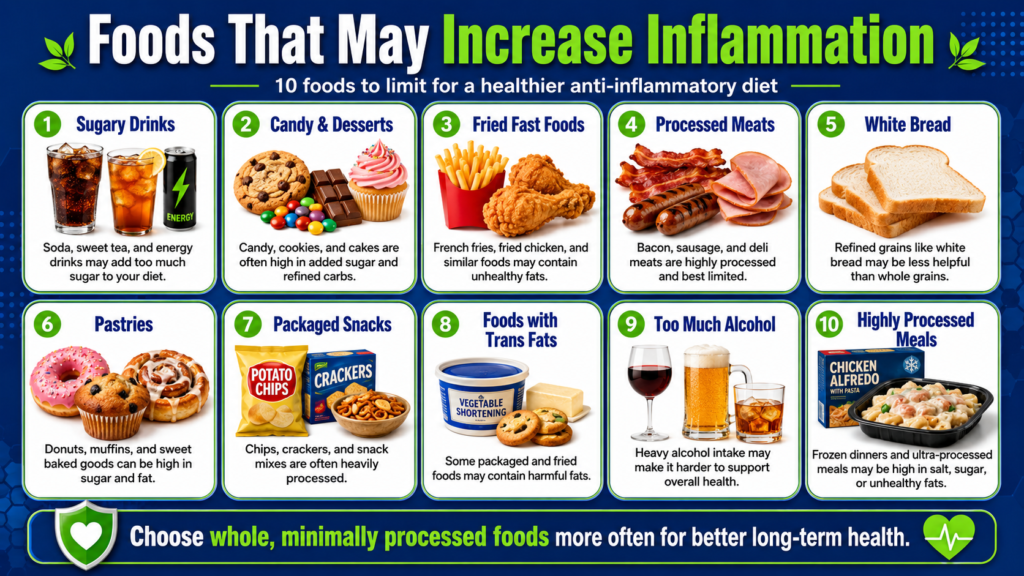 Foods that may increase inflammation, featuring common items to limit such as soda, sweets, fried foods, processed meats, refined bread, pastries, packaged snacks, trans fat products, alcohol, and ultra-processed meals.