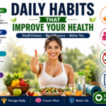 Infographic showing daily habits that improve your health, including balanced meals, exercise, hydration, quality sleep, stress management, social connection, and preventive care.