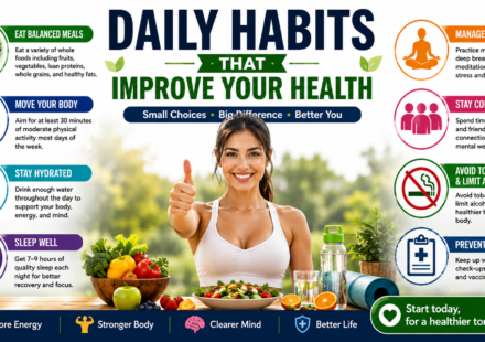 Infographic showing daily habits that improve your health, including balanced meals, exercise, hydration, quality sleep, stress management, social connection, and preventive care.