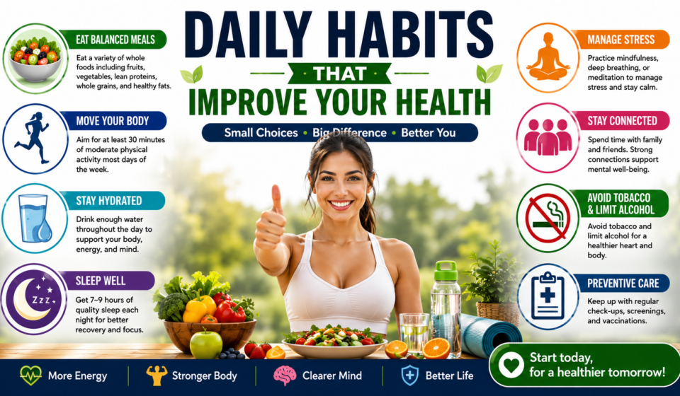 Infographic showing daily habits that improve your health, including balanced meals, exercise, hydration, quality sleep, stress management, social connection, and preventive care.
