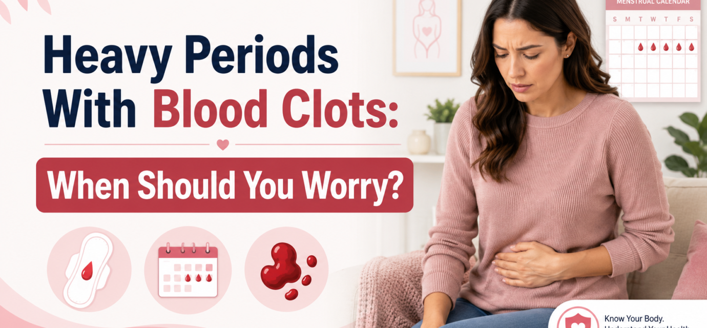 Woman experiencing abdominal discomfort with menstrual calendar and blood clot symbols representing heavy periods with blood clots.