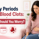 Woman experiencing abdominal discomfort with menstrual calendar and blood clot symbols representing heavy periods with blood clots.