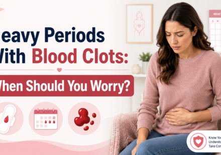 Woman experiencing abdominal discomfort with menstrual calendar and blood clot symbols representing heavy periods with blood clots.