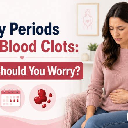 Woman experiencing abdominal discomfort with menstrual calendar and blood clot symbols representing heavy periods with blood clots.