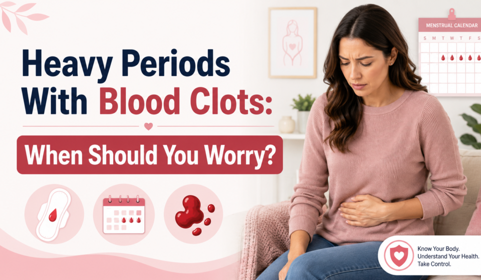 Woman experiencing abdominal discomfort with menstrual calendar and blood clot symbols representing heavy periods with blood clots.