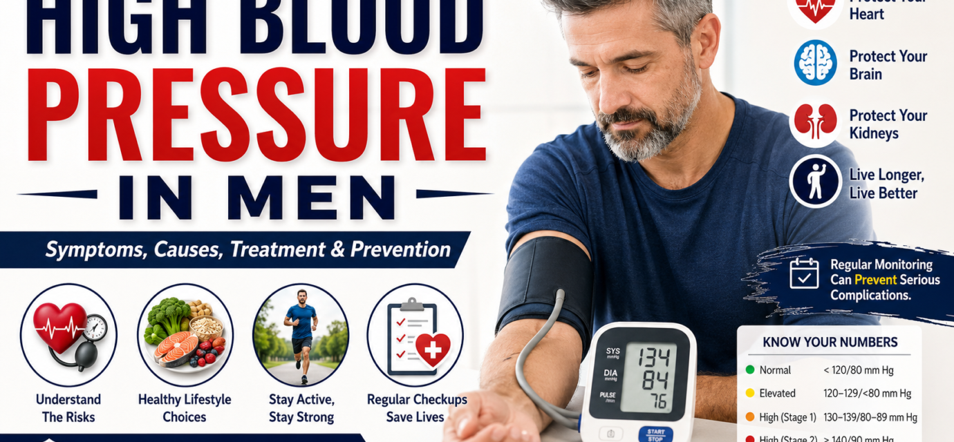 Middle-aged man checking his blood pressure at home with information about high blood pressure symptoms, causes, treatment, and prevention.